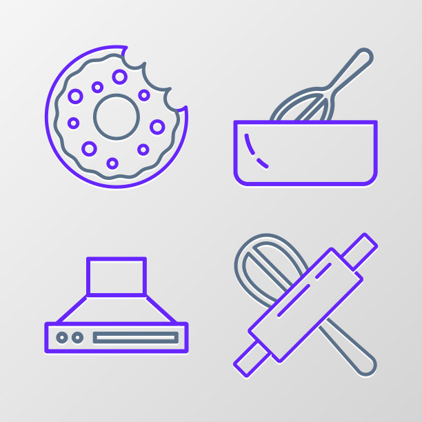 设置线厨房打蛋器和擀面杖，提取风扇，碗和甜甜圈图标。向量图片下载