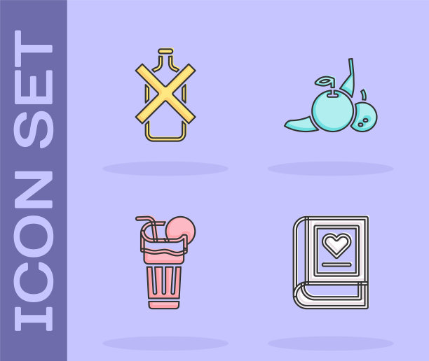 集医学书籍，无酒精，新鲜的冰沙和水果图标。向量图片下载