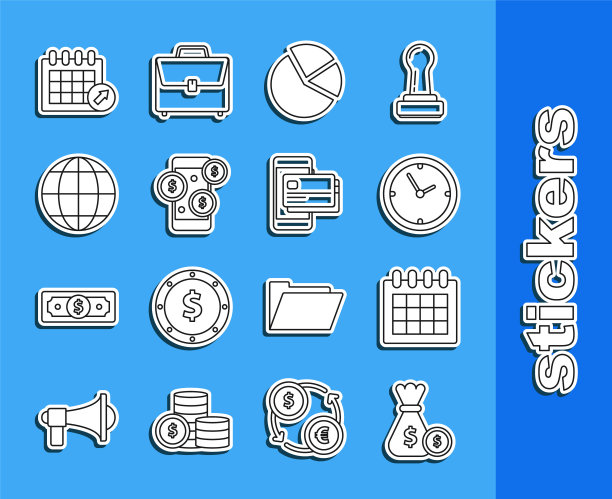 集线钱袋和硬币，日历，时钟，饼图信息图，智能手机与美元符号，地球，和移动信用卡图标。向量图片下载