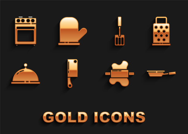 集肉斩，磨碎器，煎锅，擀面杖在面团上，覆盖着食物托盘，抹刀，烤箱和手套图标。向量图片下载