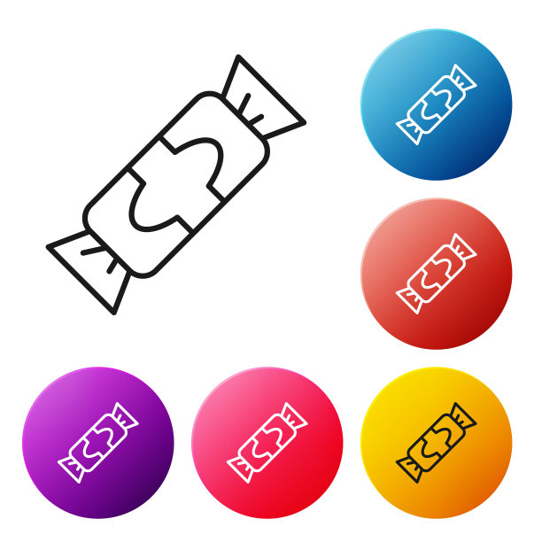 黑线糖果图标孤立在白色背景。圣诞快乐，新年快乐。设置图标彩色圆圈按钮。向量图片下载