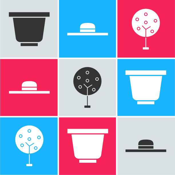 设置花盆，工人帽和树的图标。向量图片下载