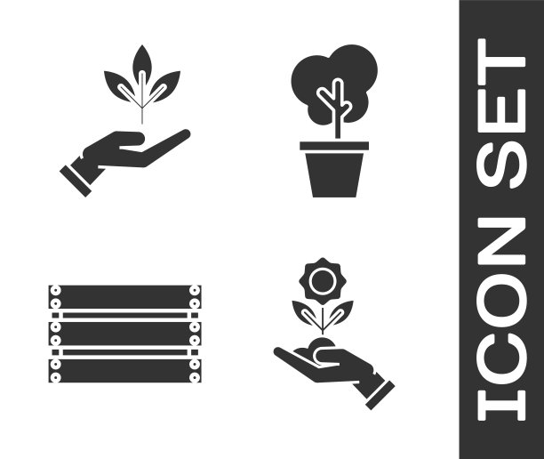 集捧花之手、环保之手、木盒、树盆之图标。向量图片下载