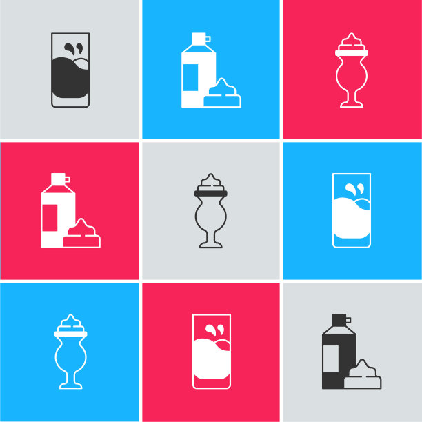 设置玻璃杯与牛奶，鲜奶油在瓶子和奶昔图标。向量图片下载