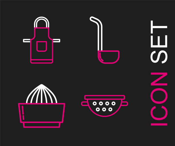 设置线厨房滤嘴，柑橘果汁机，勺子和围裙图标。向量图片下载