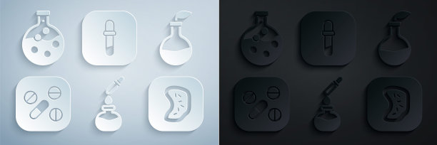 设置试管和烧瓶，植物育种，药物药丸或片剂，细菌，移液管和图标。向量图片下载