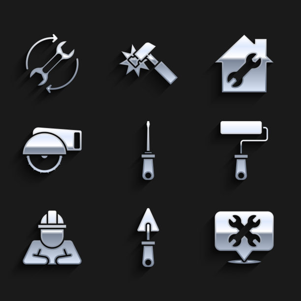 设置螺丝刀，镘刀，位置与扳手，油漆滚筒刷，建设者，电动圆锯，房屋维修和扳手和箭头作为工作流程图标。向量图片下载