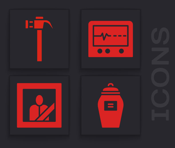 设置葬礼瓮，锤子，Beat dead在显示器和哀悼相框图标。向量图片下载