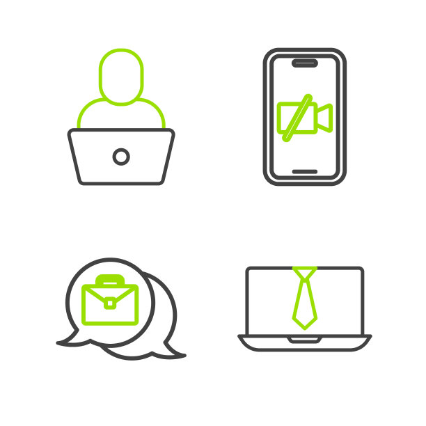 设置线路视频聊天会议，在线工作，相机关闭移动和自由职业者图标。向量图片下载