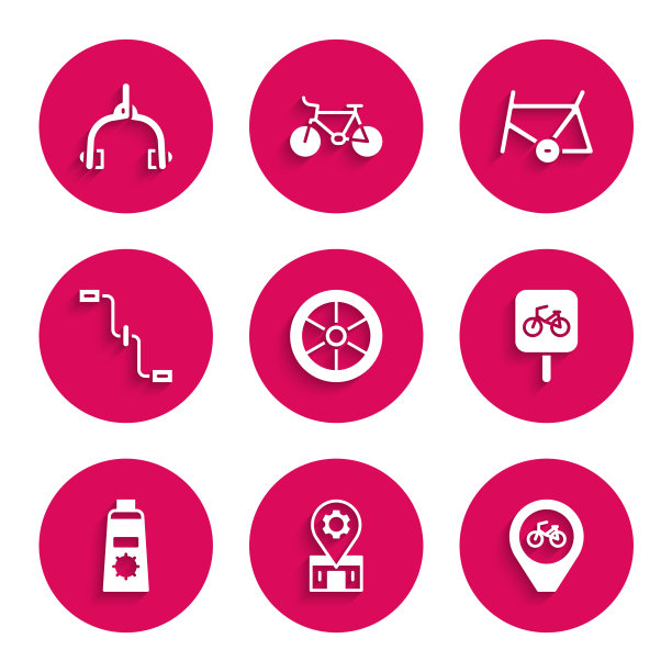 集自行车车轮，维修服务，位置与自行车，停车，防晒乳管，踏板，框架和制动卡钳图标。向量图片下载