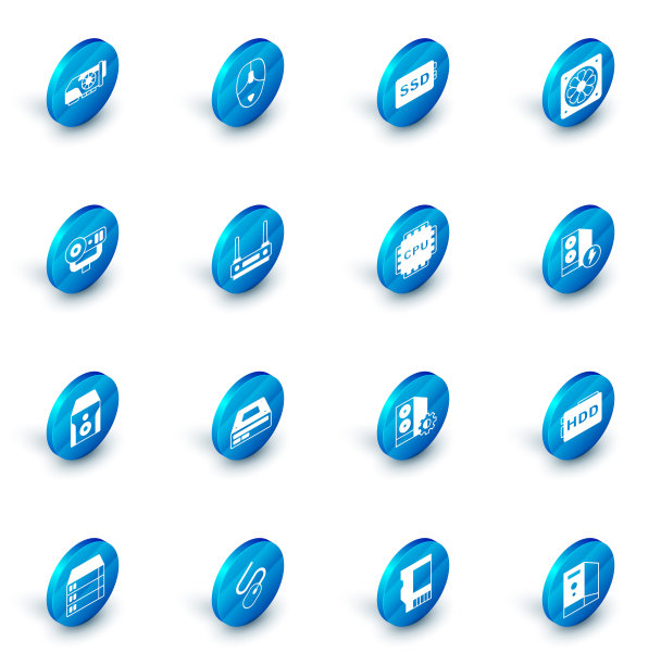 设置电脑鼠标，SSD卡，冷却器，网络摄像头，不间断电源，路由器和wi-fi信号，电脑机箱和带有CPU图标的处理器。向量图片下载