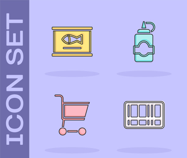 集条形码，罐头鱼，购物车和酱瓶图标。向量图片下载