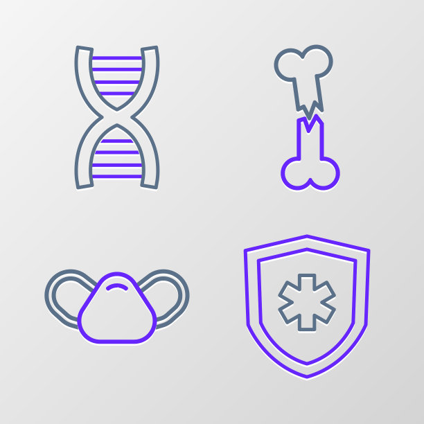 固定线人寿保险，医疗防护面具，人体骨折和DNA符号图标。向量图片下载