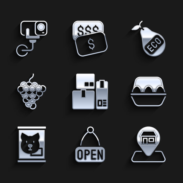 设置收银机，挂开标志，定位市场商店，鸡蛋盒，罐头食品，葡萄水果，健康有机梨和安全摄像头图标。向量图片下载