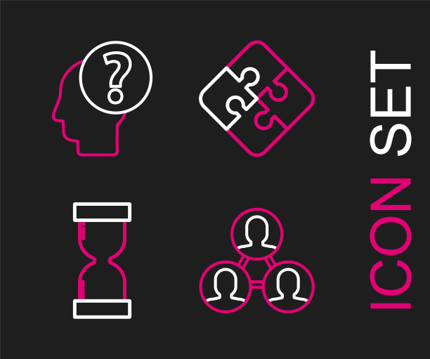 设置线项目团队基地，旧沙漏与流动的沙子，拼图和人的头问号图标。向量图片下载