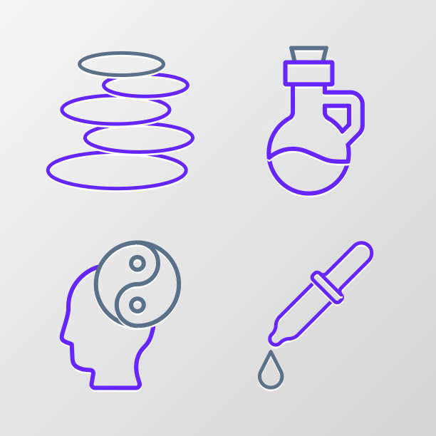 设置线移液器，阴阳，精油瓶和堆叠热石图标。向量图片下载