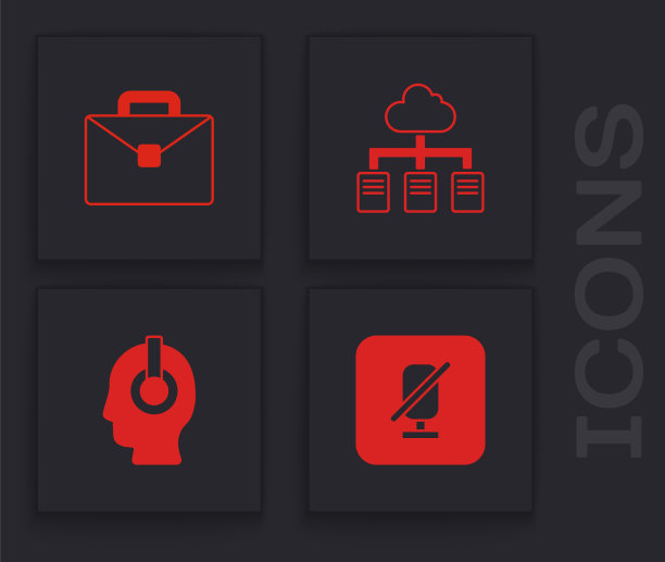 设置静音麦克风，公文包，在线工作和自由职业者图标。向量图片下载