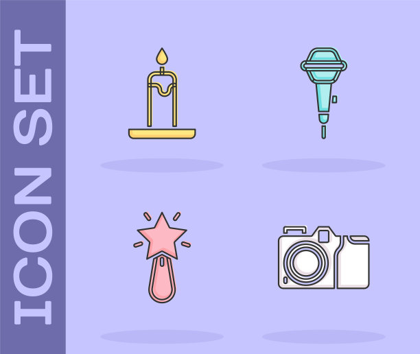 集相机，燃烧的蜡烛，圣诞明星和麦克风图标。向量图片下载