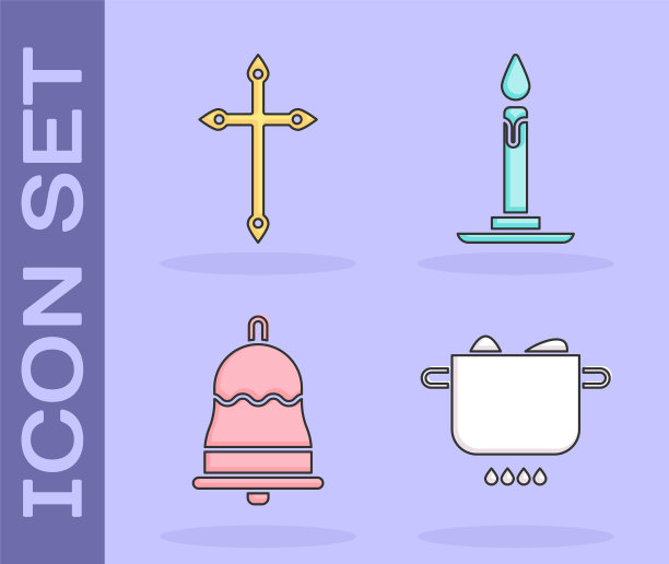 设置鸡蛋在火锅，基督教十字架，铃声和蜡烛燃烧的烛台图标。向量图片下载