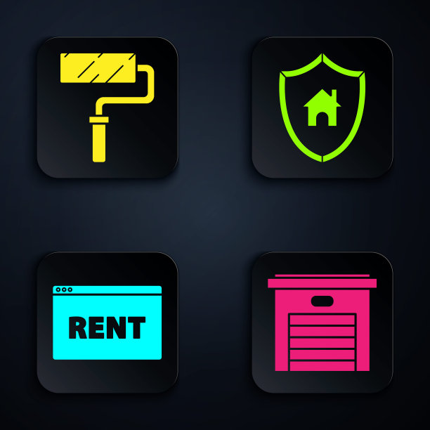 集车库，油漆滚筒刷，挂标志与文字在线租金和房子与盾牌。黑色方形按钮。向量图片下载