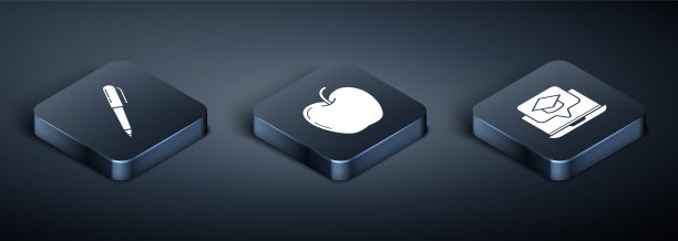 设置等距笔，毕业帽在屏幕上笔记本电脑和苹果图标。向量图片下载