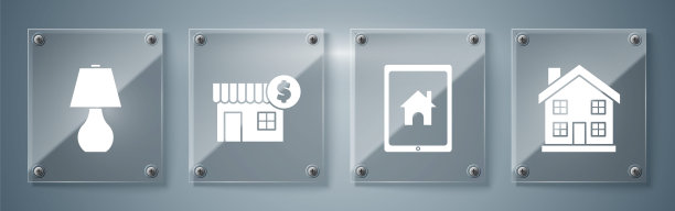 设置家庭符号，平板电脑和智能家居，房子与美元符号和台灯。方形玻璃板。向量图片下载