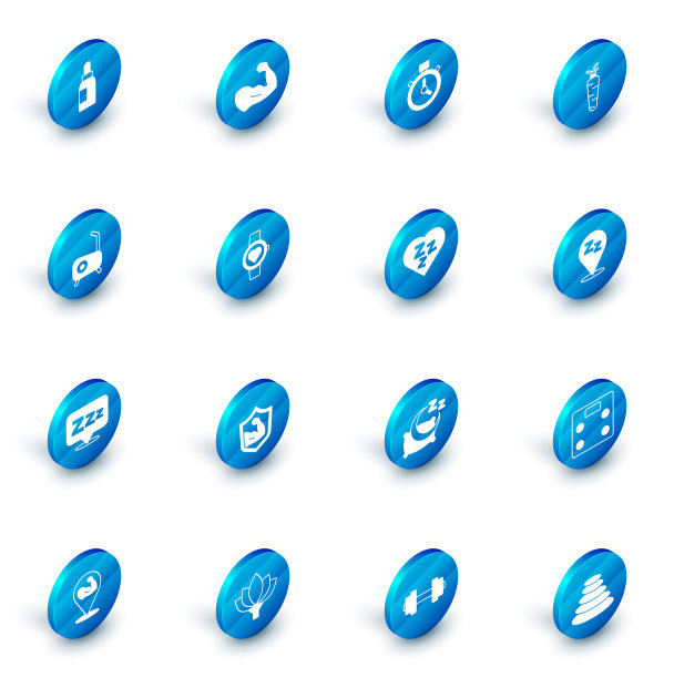 集健美肌肉，秒表，胡萝卜，固定自行车，困倦，智能和图标。向量图片下载