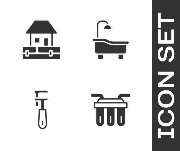 设置水过滤器，供应管道，管道可调扳手和浴缸图标。向量图片下载