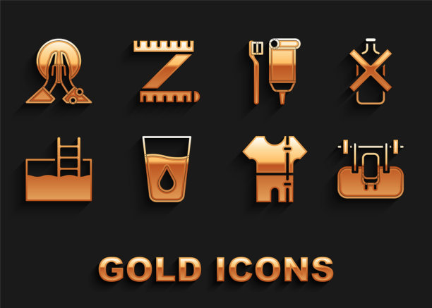 Set Glass with water, No alcohol, Bench barbel, Sport track suit, Swimming pool ladder，牙刷和牙膏，冥想和卷尺图标。向量图片下载