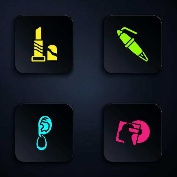 集唱片，口红，耳朵与耳环和钢笔笔尖。黑色方形按钮。向量图片下载