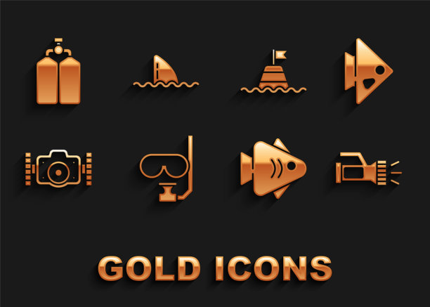 集潜水面罩和通气管，鱼，手电筒，照相机，海上浮筒，潜水器和鲨鱼鳍海浪图标。向量图片下载