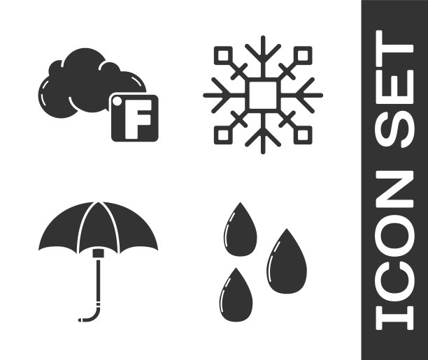 水滴、华氏度和云、经典优雅的雨伞和雪花图标矢量图图片下载