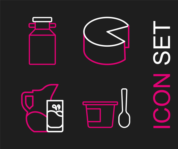 设置线酸奶容器与勺子，牛奶罐或水罐和玻璃，奶酪和牛奶图标罐头。向量图片下载