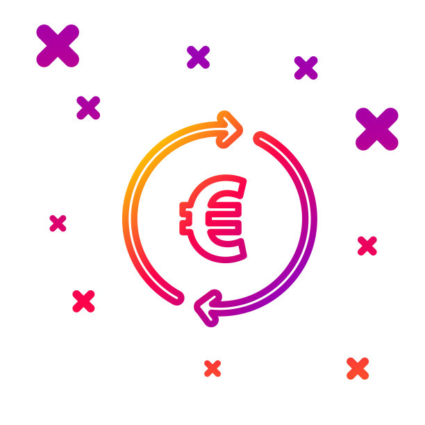 颜色线硬币钱与欧元符号图标孤立的白色背景。银行货币标志。现金的象征。梯度随机动态形状。向量图片下载