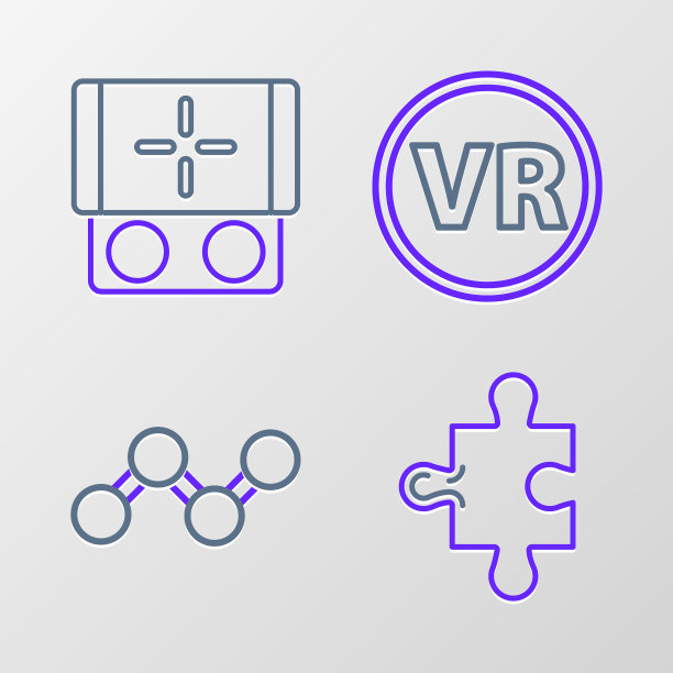 设置线拼图，共享，虚拟现实眼镜和便携式视频游戏机图标。向量图片下载