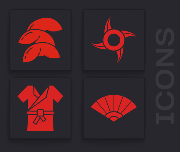 套装纸中国或日本折扇，中国幸运饼干，日本忍者神剑和日本服装和服图标。向量图片下载