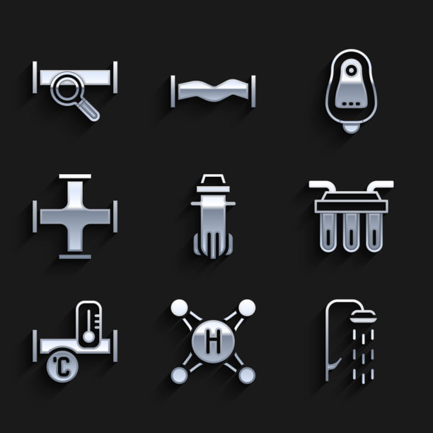 集水过滤器，水龙头，淋浴，工业金属管，厕所小便器或马桶和图标。向量图片下载