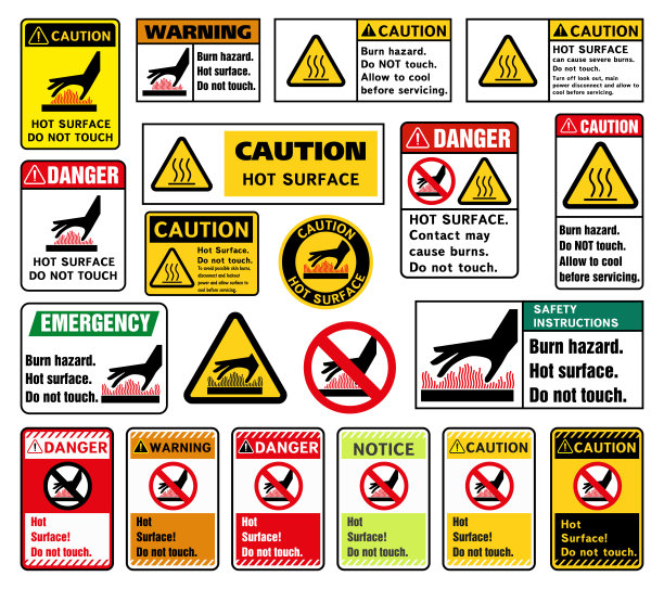 注意，表面发热，请勿触摸表面。标志，矢量插图，孤立在白色背景上。图片下载