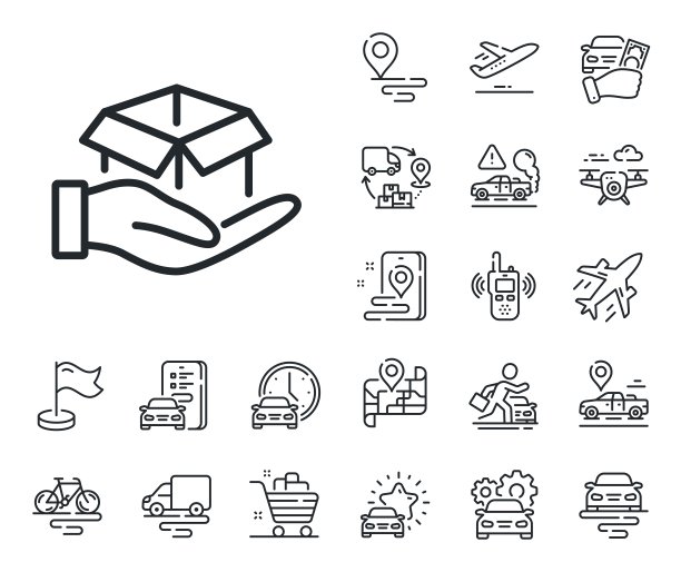 按住打开框线图标。快递包裹标志。货物包装。飞机，供应链和地点。向量图片下载