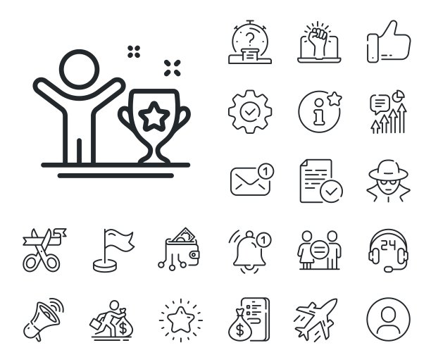 赢家杯线图标。奖品奖杯标志。工薪族，性别平等，警铃响。向量图片下载