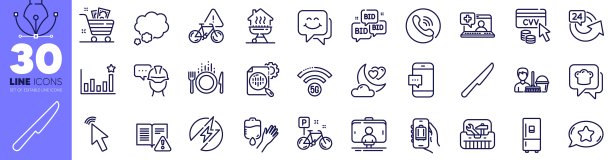 行李应用程序，食品和家庭烧烤线图标包。用于web应用程序。矢量图片下载