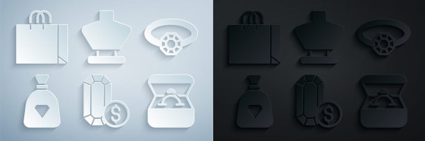 集珠宝网上购物，钻石订婚戒指，袋与宝石，盒子，项链人体模型和购物袋珠宝图标。向量图片下载