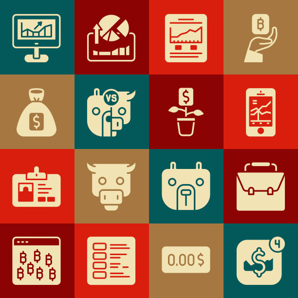 集移动股票交易，公文包，网站与增长图表，牛市和熊市的市场，钱袋，电脑和美元工厂图标。向量图片下载