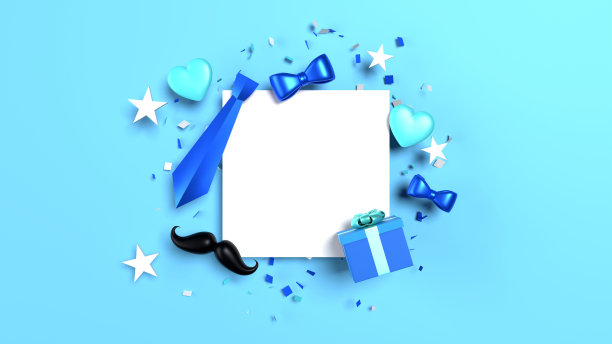 快乐父亲节贺卡横幅或传单与飞行的心领带领结领带礼盒和胡子图片下载