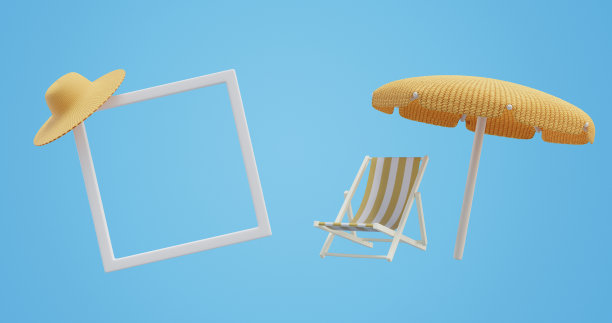 夏天框架太阳躺椅伞帽子在孤立的背景。三维渲染图片下载