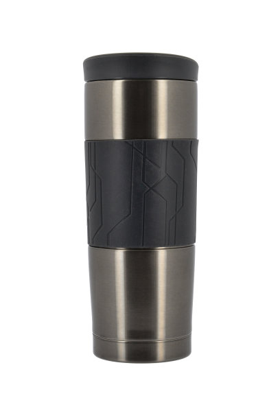 白色背景的黑色旅行杯。图片下载
