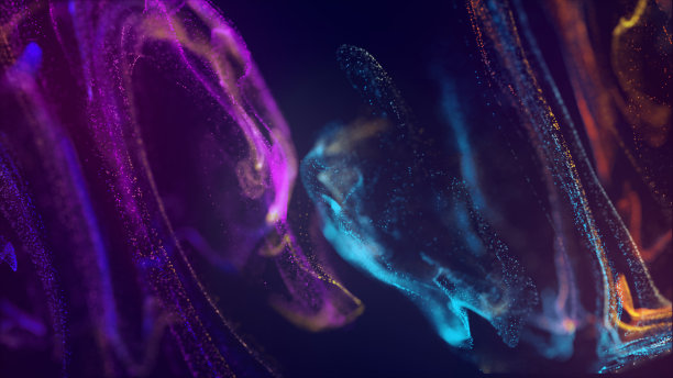 小的光粒子像流动的水，为背景壁纸的紫蓝金色。图片下载