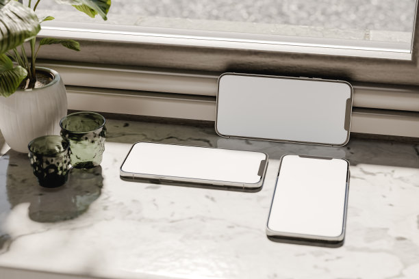 大理石窗台上摆放着现代手机。三维渲染图片下载