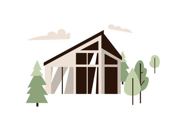 现代房子矢量插图在简单的平面最小的风格与树。隔离在白色背景上图片下载