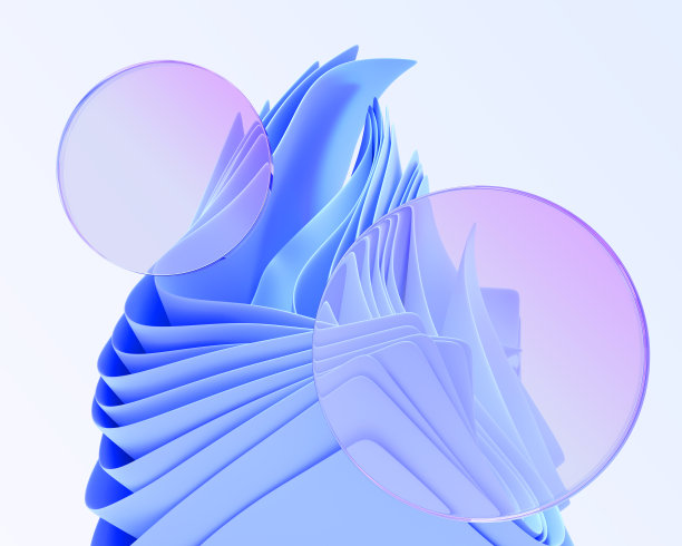 玻璃形态旗帜与蓝色波浪分层背景玻璃圆板3d渲染。空白丙烯酸模糊光盘，全息清晰框架与折叠丝带，ui设计元素图片下载